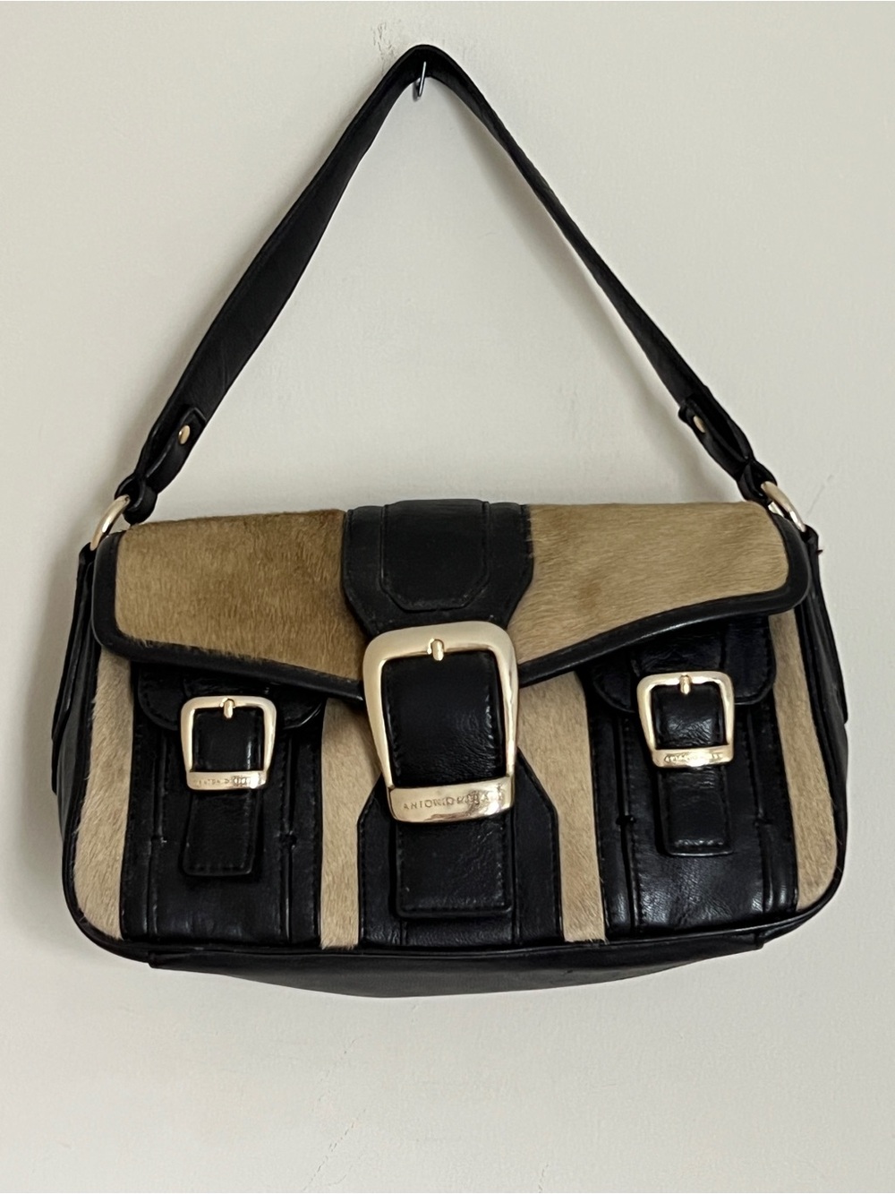 ANTONIO MELANI Black Leather and Tan Fur Buckle Shoulder Bag